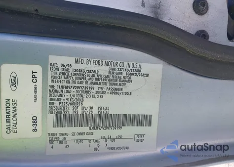 1998 Lincoln Continental из США, поврежденный, VIN 1LNFM97V2WY739199